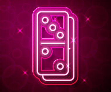 Parlayan neon hattı Domino simgesi kırmızı arkaplanda izole edildi. Vektör