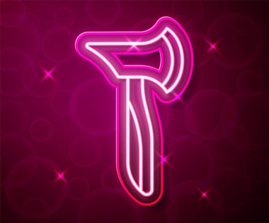 Parlayan neon hattı ahşap balta simgesi kırmızı arkaplanda izole edildi. Oduncu baltası. Vektör