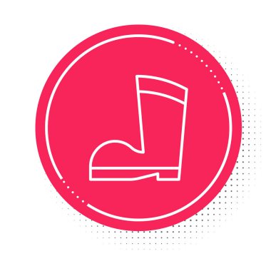 Beyaz çizmeye dayanıklı lastik bot simgesi beyaz arkaplanda izole edildi. Yağmurlu hava, balıkçılık, bahçe işleri için çizme. Kırmızı daire düğmesi. Vektör