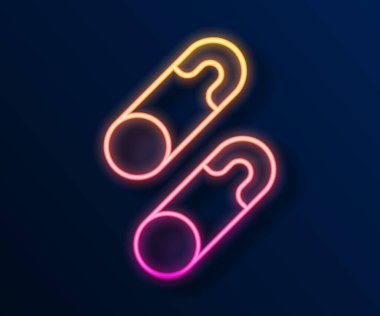 Parlayan neon hattı klasik kapalı çelik güvenlik iğnesi simgesi siyah arkaplanda izole edildi. Vektör