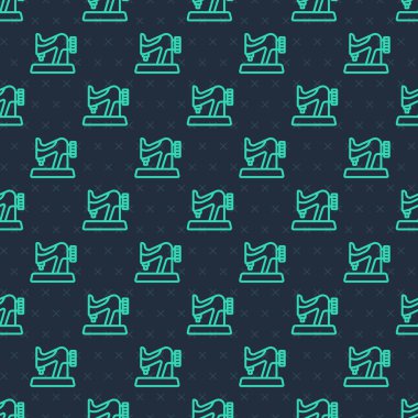 Yeşil çizgi dikiş makinesi simgesi mavi arkaplanda izole edilmiş pürüzsüz desen. Vektör