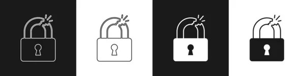 设置断锁或断锁图标 隔离在黑白背景上 解锁标志 — 图库矢量图片