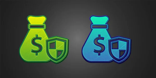 Πράσινη Και Μπλε Τσάντα Χρήματα Εικονίδιο Ασπίδα Απομονώνονται Μαύρο Φόντο — Διανυσματικό Αρχείο