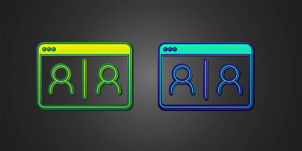 Green and blue Video chat conference icon isolated on black background. Online meeting work form home. Remote project management.  Vector