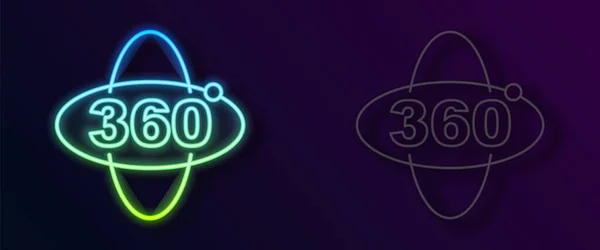 Leuchtende Neon Linie 360 Grad Ansicht Symbol Isoliert Auf Schwarzem — Stockvektor