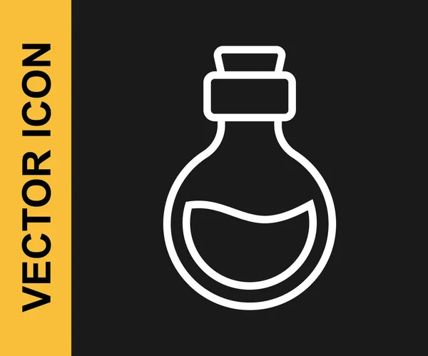 White Line Glass Bottle Magic Elixir Icon Isolated Black Background — Stock Vector