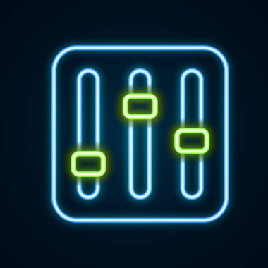 Parlayan neon hattı Ses Karıştırıcı simgesi siyah arkaplanda izole edildi. DJ ekipman kaydırma düğmeleri. Konsol karıştırılıyor. Renkli taslak konsepti. Vektör