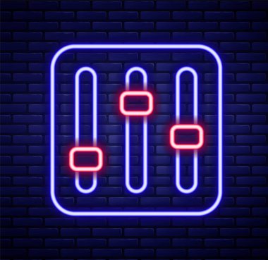 Parlayan neon hattı ses karıştırıcı simgesi tuğla duvar arka planında izole edildi. DJ ekipman kaydırma düğmeleri. Konsol karıştırılıyor. Renkli taslak konsepti. Vektör