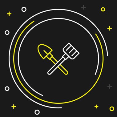 Çizgi küreği ve tırmık simgesi siyah arkaplanda izole edildi. Bahçecilik, tarım, bahçıvanlık, çiftçilik aletleri. Toprak işçisi. Renkli taslak konsepti. Vektör