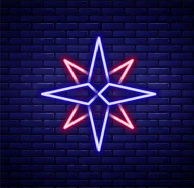 Parlayan neon çizgisi. Rüzgar gül ikonu tuğla duvar arkasında izole edilmiş. Seyahat için pusula simgesi. Navigasyon tasarımı. Renkli taslak konsepti. Vektör