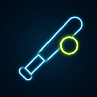 Siyah zemin üzerinde top ikonu olan parlak neon çizgili beysbol sopası. Renkli taslak konsepti. Vektör