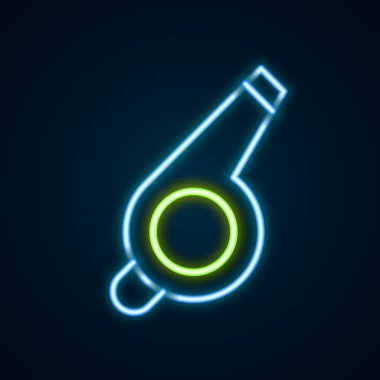 Parlayan neon hattı Whistle simgesi siyah arkaplanda izole edildi. Hakem sembolü. Spor ve spor burcu. Renkli taslak konsepti. Vektör