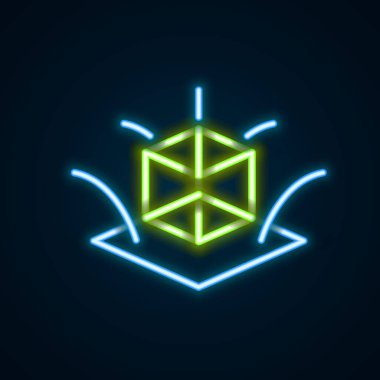 Parlayan neon hattı 3D modelleme simgesi siyah arkaplanda izole edildi. Artırılmış gerçeklik mi yoksa sanal gerçeklik mi? Renkli taslak konsepti. Vektör
