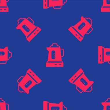 Kırmızı Elektrikli Kettle ikonu mavi arka planda izole edilmiş pürüzsüz desen. Çaydanlık ikonu. Vektör