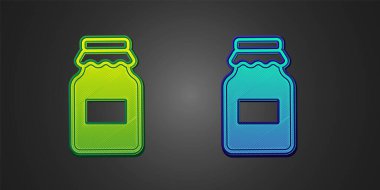 Siyah arkaplanda izole edilmiş yeşil ve mavi bal ikonu. Yiyecek bankası. Tatlı doğal gıda sembolü. Vektör