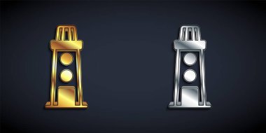 Siyah arkaplanda altın ve gümüş deniz feneri simgesi var. Uzun gölge tarzı. Vektör