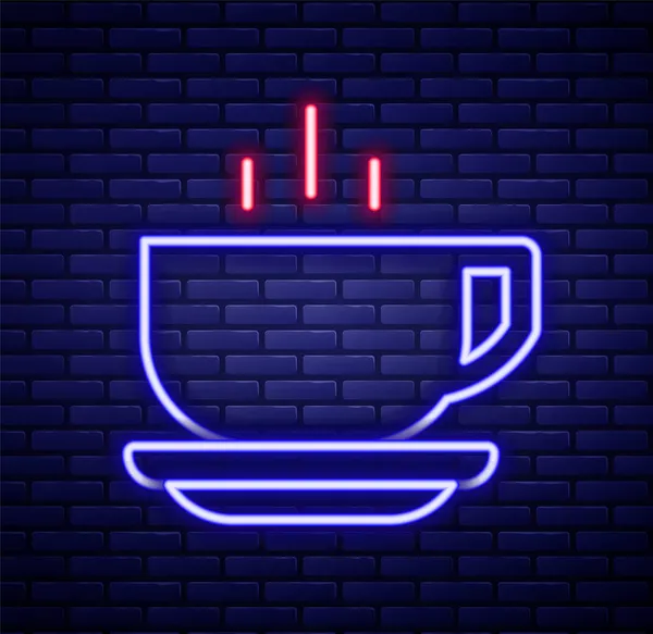 Świecące Neon Linii Ikona Filiżanki Kawy Izolowane Tle Cegły Ściany — Wektor stockowy