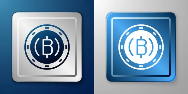Weiße Kryptowährungsmünze Bitcoin Symbol Isoliert Auf Blauem Und Grauem Hintergrund — Stockvektor