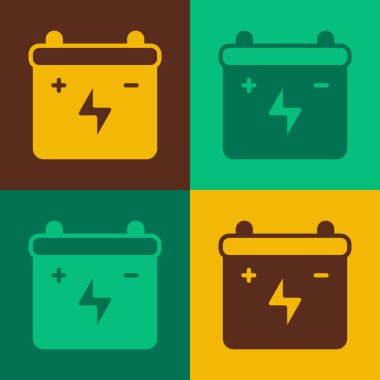 Pop Art Car akü simgesi renk arkaplanında izole edildi. Akümülatör bataryası enerji ve elektrik akümülatörü bataryası. Vektör