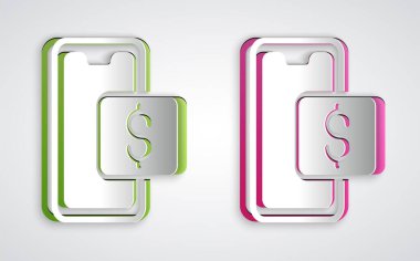 Kağıt kesiği cep telefonu ve alışveriş arabası simgesi gri arka planda izole edilmiş. İnternetten satın alma sembolü. Süpermarket sepeti sembolü. Kağıt sanatı tarzı. Vektör