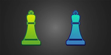 Siyah arkaplanda yeşil ve mavi satranç simgesi var. İş stratejisi. Oyun, yönetim, finans. Vektör
