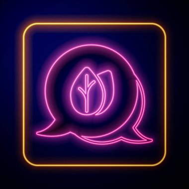 Parlayan neon yaprak simgesi siyah arkaplanda izole edildi. İşaret bırakıyor. Taze doğal ürün sembolü. Vektör