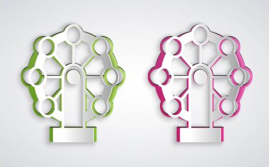 Kağıt kesiği, gri arkaplanda yalıtılmış dönme dolap simgesi. Eğlence parkı. Çocuklar için eğlence parkı, eğlence parkı. Kağıt sanatı tarzı. Vektör