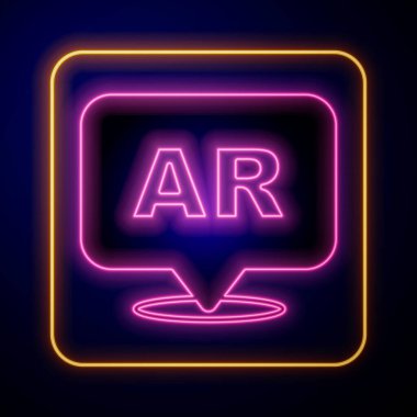 Parlayan neon yükseltilmiş gerçeklik AR simgesi siyah arkaplanda izole edildi. Sanal geleceksel giyilebilir cihazlar. Vektör