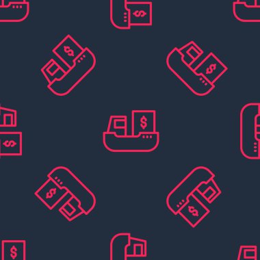 Kutu teslimat simgesine sahip kırmızı çizgi kargo gemisi siyah arkaplanda izole edilmiş kusursuz desen. Teslimat, ulaşım. Paketleri, kutuları, malları olan bir şilep. Vektör