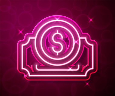 Parlayan neon hattı sinema bileti simgesi kırmızı arkaplanda izole edildi. Vektör