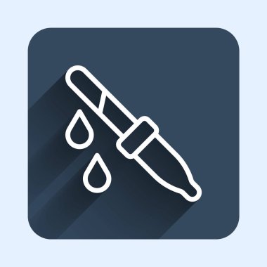 Beyaz çizgi Pipette simgesi uzun gölge arkaplan izole. Tıbbi elementler, kimya laboratuarı ekipmanları. Tıp sembolü. Mavi kare düğme. Vektör