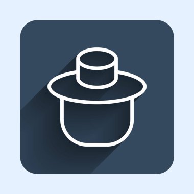 Şapka simgesini koruyan beyaz çizgi arıcısı uzun gölge arkaplan izole edilmiş. Özel koruyucu üniforma. Mavi kare düğme. Vektör