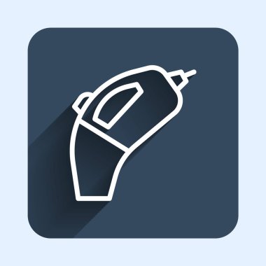 Beyaz çizgi portatif elektrikli süpürge ikonu uzun gölge arkaplanı ile izole edilmiş. Mavi kare düğme. Vektör