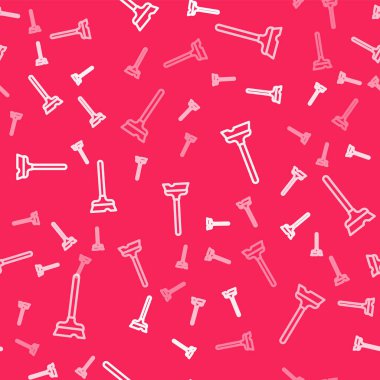 Kırmızı arkaplanda beyaz çizgi paspas simgesi izole edildi. Temizlik hizmeti konsepti. Vektör