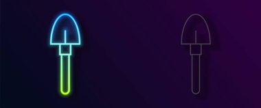 Parlayan neon hattı kürek simgesi siyah arkaplanda izole edildi. Bahçe aletleri. Bahçecilik, tarım, çiftçilik aleti. Vektör