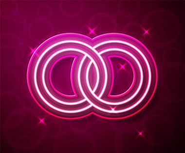 Parlayan neon çizgisi alyans simgesi kırmızı arkaplanda izole edildi. Gelin ve damat mücevher tabelası. Evlilik sembolü. Elmas yüzük. Vektör