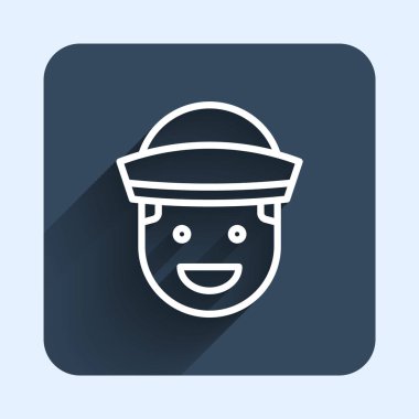 Beyaz çizgi denizci simgesi uzun gölge arkaplanı ile izole edildi. Mavi kare düğme. Vektör