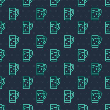 Yeşil çizgili cam bira ikonu mavi arka planda izole edilmiş kusursuz desen. Vektör