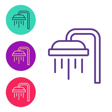 Beyaz zemin üzerinde su damlaları akan ikonu olan duş başlığını ayarlayın. Simgeleri renklendirin. Vektör