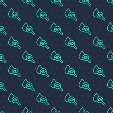 Yeşil çizgi damla ve büyüteç simgesi mavi arkaplanda izole edilmiş kusursuz desen. Vektör