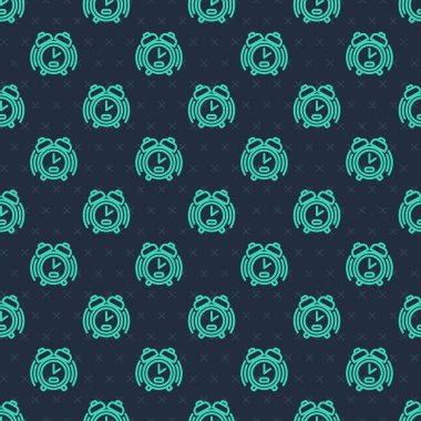 Yeşil çizgi alarm simgesi mavi arkaplanda izole edilmiş pürüzsüz desen. Uyan, kalk konsepti. Zaman işareti. Vektör