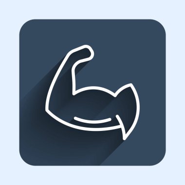 Beyaz çizgi vücut geliştiricisi uzun gölgeli arka plan ile izole edilmiş kas simgesini gösteriyor. Formda kalmak, güçlü sağlık hobisi kavramı. Mavi kare düğme. Vektör