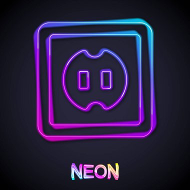 Parlayan neon hattı elektrik çıkış simgesi siyah arkaplanda izole edildi. Elektrik prizi. Rosette sembolü. Vektör