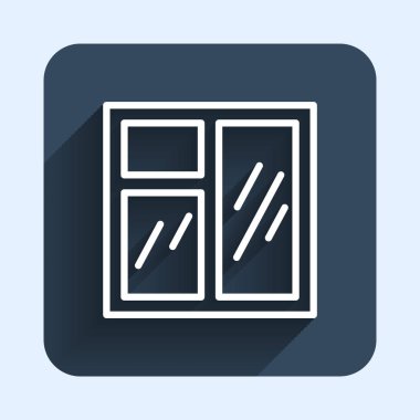 Oda simgesindeki beyaz çizgili pencere uzun gölge arkaplanlı. Mavi kare düğme. Vektör