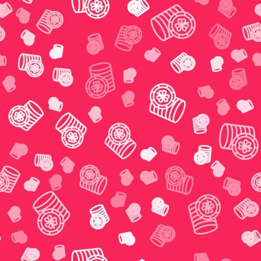 Beyaz çizgi Altın Leprikan madeni para, yonca folyo yaprağı ikonu, kırmızı arka planda izole edilmiş pürüzsüz desen. Aziz Patrick gününüz kutlu olsun. Ulusal İrlanda bayramı. Vektör