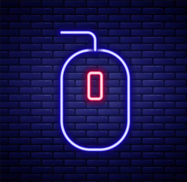 Parlayan neon hattı Bilgisayar faresi oyun simgesi tuğla duvar arka planında izole edildi. Tekerlek sembollü optik. Renkli taslak konsepti. Vektör