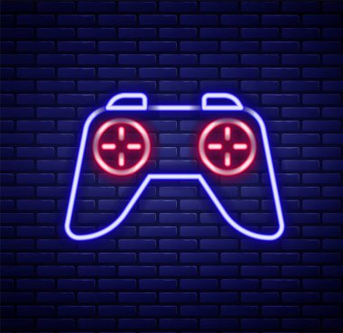 Parlayan neon hattı oyun denetleyici ya da oyun konsolu simgesi için joystick tuğla duvar arka planında izole. Renkli taslak konsepti. Vektör