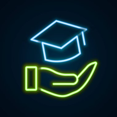 Parlayan neon hattı Eğitim bursu simgesi siyah arkaplanda izole edildi. Okul ücreti, finansal eğitim, bütçe fonu, burs programı, mezuniyet şapkası. Renkli taslak konsepti. Vektör