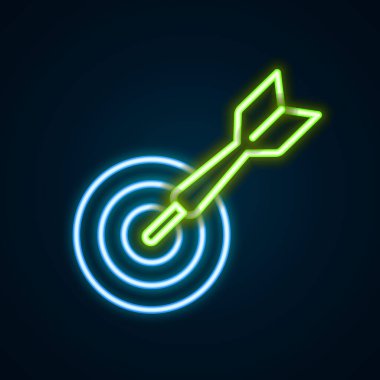 Parlayan neon çizgi klasik dart tahtası ve ok simgesi siyah arkaplanda izole edildi. Dartboard işareti. Oyun konsepti. Renkli taslak konsepti. Vektör