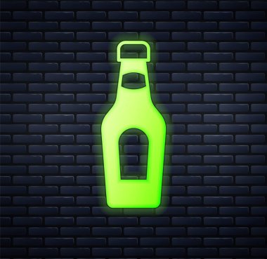 Parlayan neon şampanya şişesi ikonu tuğla duvar arkasında izole edilmiş. Mutlu Noeller ve mutlu yıllar. Vektör
